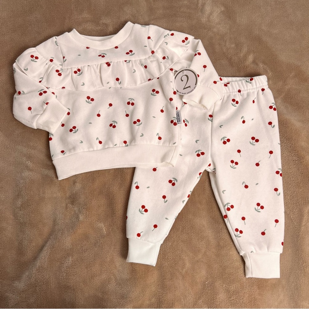 BADGLEY MISCHKA White Cherry Cozy Ruffle Crewneck and Jogger Set - Size 3M to 6M